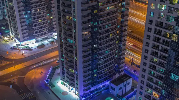 View Towers Swimming Pool Traffic Intersection Dubai Marina Aerial Night — Stock Photo, Image
