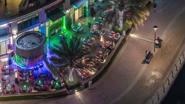 Modern Embankment Night Timelapse Cafe Restaurant Dubai Marina Sidewalk Tables — Stock Photo, Image