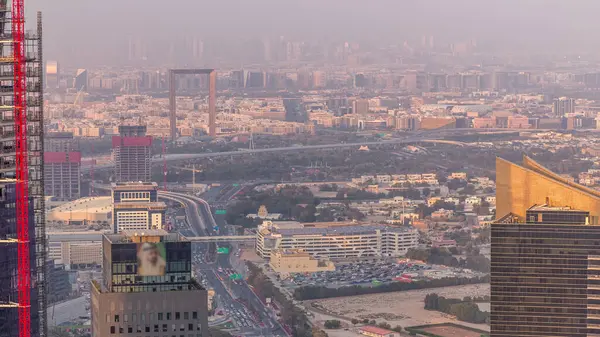 Aerial View Financial Zabeel District Timelapse Sunset Traffic Construction Building — Stock Photo, Image