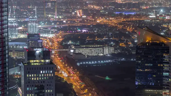 Aerial View Financial Zabeel District Night Timelapse Traffic Construction Building — Stock Photo, Image