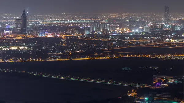 Aerial View Creek Zabeel District Night Timelapse Traffic Building Downtown — Stock Photo, Image