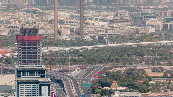 Aerial View Financial Zabeel District Timelapse Traffic Construction Building Cranes — Stock Photo, Image