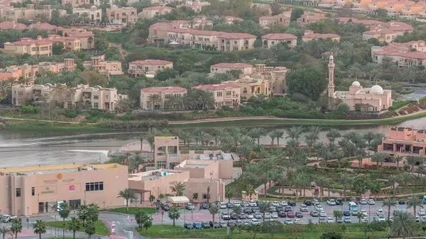 Aerial View Apartment Houses Villas Mosque Car Parking Dubai City — Stock Photo, Image