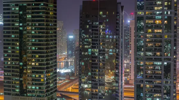 Budynki Mieszkalne Biurowe Jumeirah Lake Towers District Night Timelapse Migające — Zdjęcie stockowe