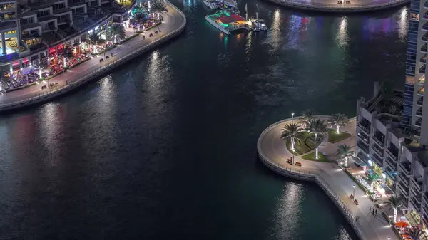 Lungomare Con Palme Ristoranti Dubai Marina Timelapse Notte Aerea Barche — Foto Stock