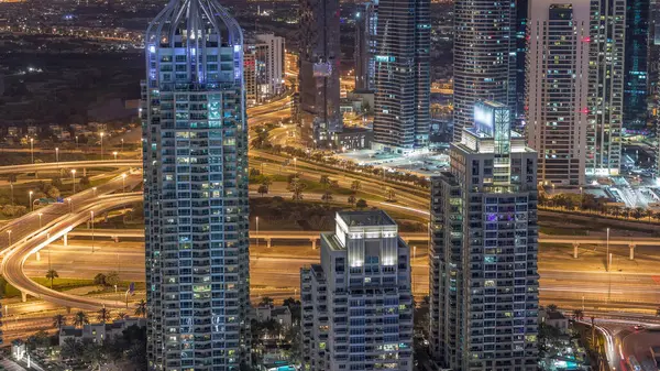Dubai Marina Belysta Skyskrapor Och Jumeirah Sjö Torn Utsikt Från — Stockfoto