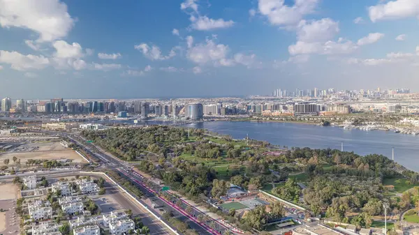 Luchtpanoramisch Uitzicht Gebouwen Deira Dubai Kreek Een Zonnige Dag Met — Stockfoto