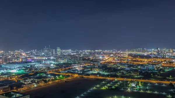 Panorama City Night Illuminated Roads Beautiful Buildings Night River Dubai — Stock Photo, Image