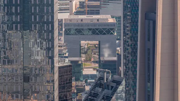 Dubai Nemzetközi Pénzügyi Központ Kerületében Modern Felhőkarcolók Timelapse Légifotók Belvárostól — Stock Fotó