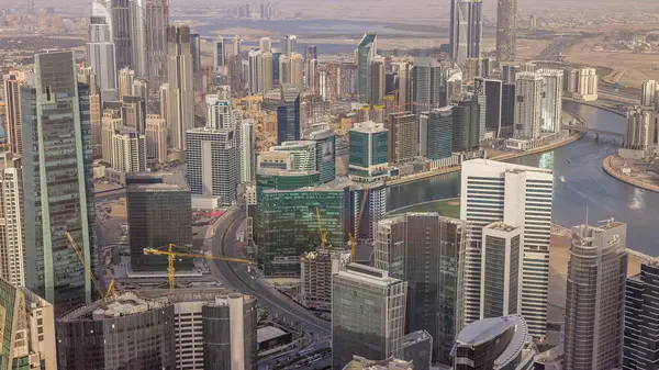 Panoráma Légi Kilátás Business Bay Tornyok Dubai Este Timelapse Tetőtéri — Stock Fotó