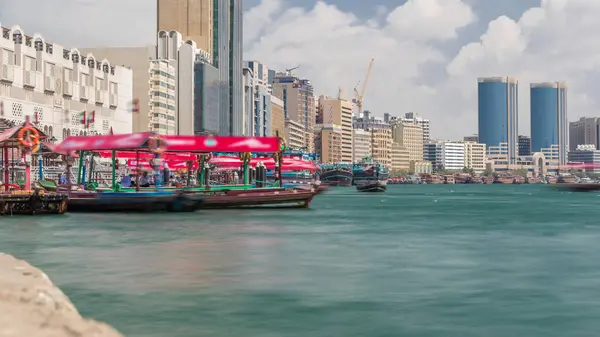 Water Taxi Boat Station Deira Timelapse Cloudy Sky Skyscrapers Background — Stock Photo, Image