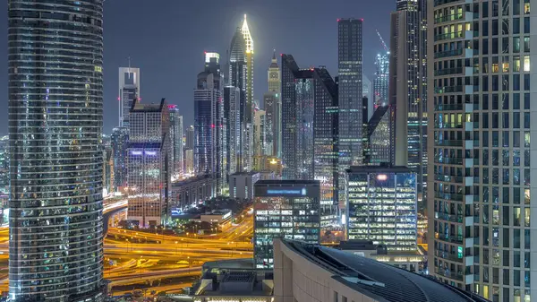 Dubai Financial Centre District Illuminated Modern Skyscrapers Night Timelapse Aerial — Stock Photo, Image