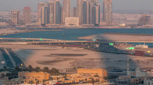 Výstavba Nových Mrakodrapů Dubai Creek Harbor Letecké Timelapse Během Západu — Stock fotografie