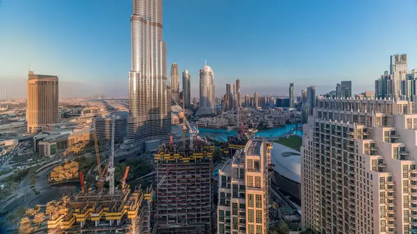Skyline View Dubai Downtown Sunset Mall Fountains Burj Khalifa Aerial — Stock Photo, Image