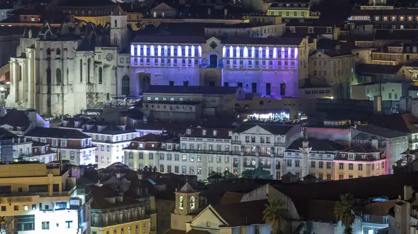 Vista Aérea Lisboa Del Centro Ciudad Con Catedral Iluminada Noche — Foto de Stock