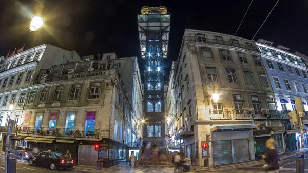 Santa Justa Elevator Night Timelapse Lisbon Portugal Connecting Downtown Bairro — Stock Photo, Image