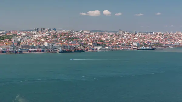 Panorama Lisbon Historical Center Aerial Timelapse Viewed Southern Margin Tagus — Stock Photo, Image