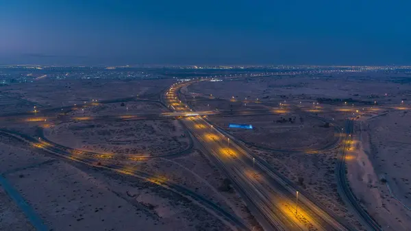 Highway Roads Desert Traffic Night Day Transition Timelapse Big City — Stock Photo, Image