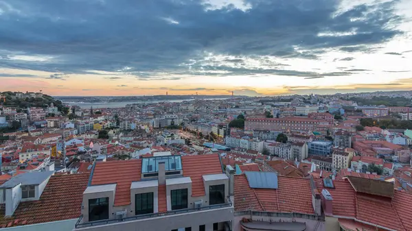 Lisbon Sunset Aerial Panorama City Center Red Roofs Autumn Day Royalty Free Stock Fotografie