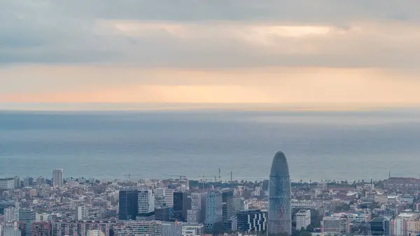 Barcelona Sunrise Timelapse Panorama Bunkers Carmel Spain Aerial Top View Stock Snímky