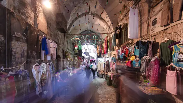 Colorful Souk Clothes Old City Jerusalem Israel Timelapse Hyperlapse Crowd — Stock Photo, Image