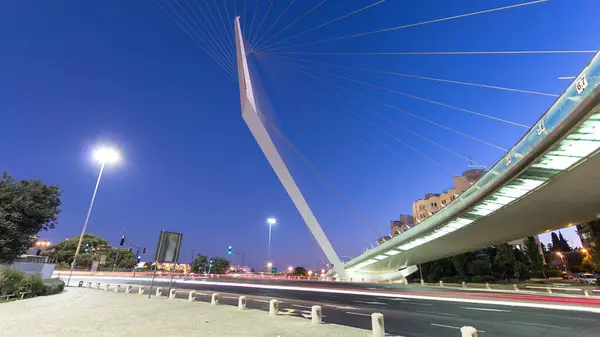 View Bridge Santiago Calatrava Night Timelapse Hyperlapse Entrance Jerusalem Traffic — Stock Photo, Image