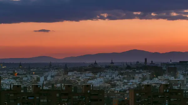 Panoramisch Uitzicht Van Dag Tot Nacht Madrid Spanje Vanaf Heuvels — Stockfoto