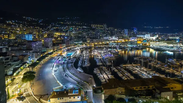 Panorama Hiperlapsy Monte Carlo Nocy Tarasu Widokowego Miejscowości Monako Port — Zdjęcie stockowe