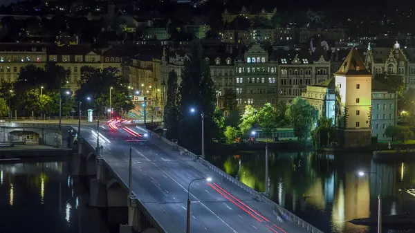 Міст Їрасек Річці Влтава Нічним Рухом Празі Чехія Вид Зверху — стокове фото