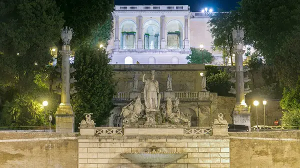 Belyst Fontän Dea Roma Natt Timelapse Piazza Del Popolo Med — Stockfoto