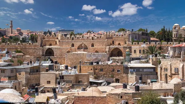 Skyline Old City Jerusalem Történelmi Épületekkel Damaszkuszi Kapu Légi Időintervallummal Stock Kép