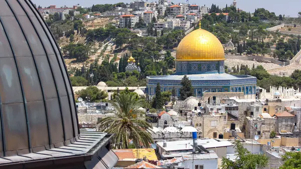 Panorama Met Uitzicht Oude Stad Jeruzalem Timelapse Met Toren Een Rechtenvrije Stockfoto's