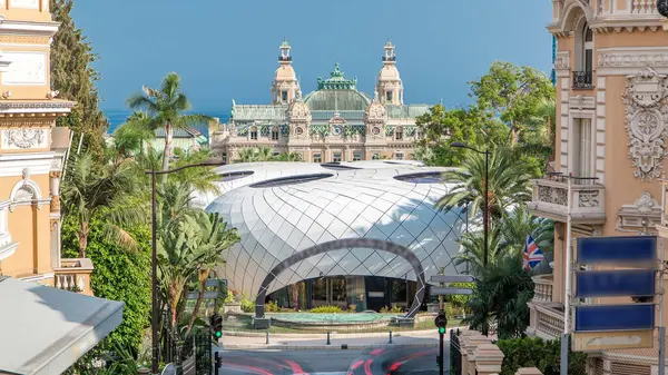 Monte Carlo Kumarhanesi Nin Önündeki Çeşme Bahçeler Zaman Ayarlı Sokakta Stok Resim