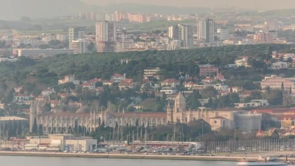 Lissabon Stadsgezicht Met Jeronimos Klooster Hieronymites Emprie Square Park Timelapse — Stockvideo