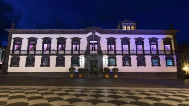 Funchal belediye binasının önü ve meydanı gece vakti bir çeşme ile hiperhızlandırılmış. Madeira, Portekiz. Aydınlatılmış tarihi bina