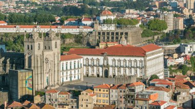 Cathedral of Porto - close up aerial view from Clerigos Tower in Porto timelapse before sunset, Portugal