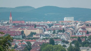 Schonbrunn Tiergarten 'dan Viyana şehrinin hava panoramik görüntüsü. Evler, kiliseler, kuleleri ve gökdelenleri olan gökdelenler...