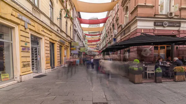 stock image Walk on Ferhadija pedestrian street crowded with people timelapse hyperlapse. Famous place in downtown with many shops and restaurants in Sarajevo