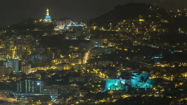 Luftaufnahme Von Funchal Zeitraffer Bei Nacht Insel Madeira Portugal Beleuchtete lizenzfreie Stockfotos