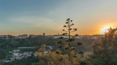 Panorama, Santarem 'deki Almourol Kalesi üzerinde gün batımını gösteriyor. Tagus Nehri 'nin ortasındaki Almourol adasının tepesinde bir ortaçağ şatosu ve evler. Portekiz