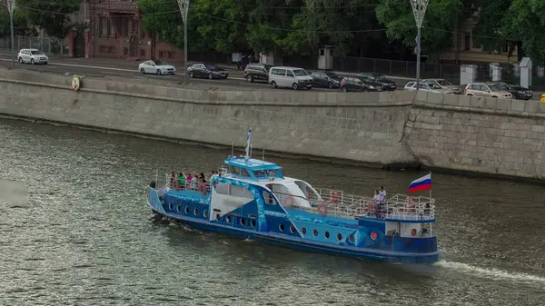 stock image Journey on Moscow River. River cruise ships on the Moscow river a very popular touristic attraction winter timelapse hyperlapse view from the Patriarchal Bridge