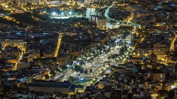 stock image View of Barcelona night timelapse with Square Statute and traffic from Bunkers Carmel. Catalonia, Spain