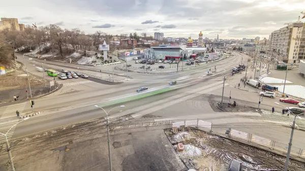 stock image Traffic on the streets intersection of the city aerial timelapse in Kharkov, Ukraine. Klochkovskaya street and downhill in the downtown with tram railways after reconstruction