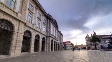 Natural History Museum of Porto University building facade in Gomes Teixeira Square timelapse hyperlapse before sunset. Porto, Portugal.