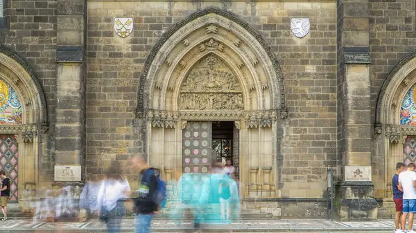 stock image Entrance door of the neo-Gothic Saint Peter and Paul Cathedral timelapse in Vysehrad fortress, Prague. In 2003 the church was elevated to basilica by Pope John Paul II.