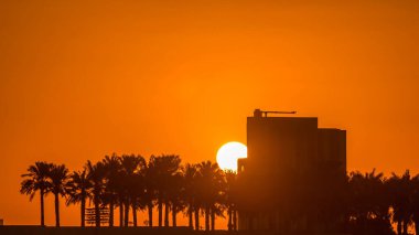 Doha 'daki Al Corniche rıhtımından gün doğumu. Uzakta palmiyeler ve binalar var. Turuncu gökyüzü. Görüntüyü kapat