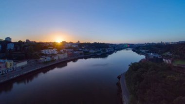 Sunrise over the most emblematic area of Douro river panoramic timelapse. World famous Porto wine production area.