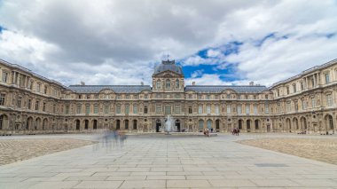 Inner yard of museum with fountain timelapse hyperlapse. Cloudy sky at summer day. Paris, France clipart