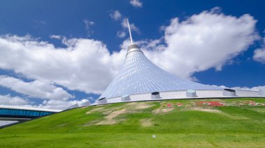 Khan Shatyr timelapse hyperlapse in Nur-Sultan city. Khan Shatyr located in Astana, the capital of the Republic of Kazakhstan. Residents of the city are walking and resting. clipart