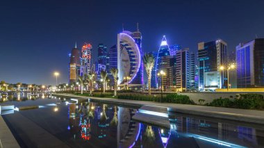 Geceleri Doha 'nın ufuk çizgisi. Yıldızlı gökyüzü Park Timelapse hiper hızından görünüyor, Katar. Aydınlatılmış gökdelenler ve kuleler çeşme suyuna yansıyor